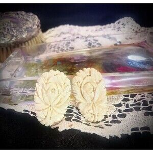 Antique 1934  Ivory Carved Floral Clip On Earrings Patented